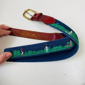 Leatherman LTD Men's Motif Lighthouse Ship Embroidered Belt on Navy Cotton 30